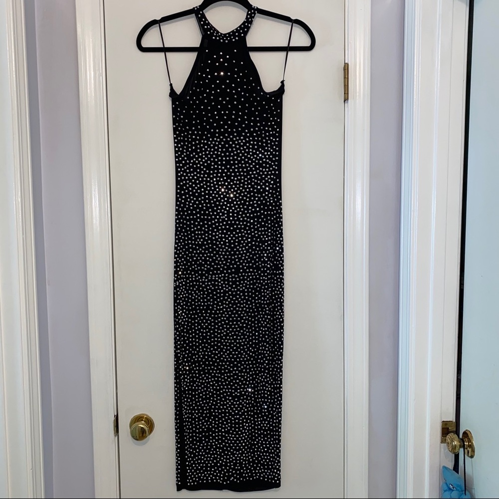 Mesh Bodycon Rhinestone Embellished Midi Dress